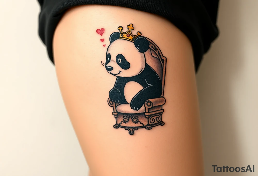powerful superior panda with a crown, sexy princess on a throne looking down at her worshippers tattoo idea