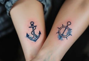 A delicate black anchor for her and a matching ship’s wheel for him in dark navy on the inner forearms symbolize stability and direction in love. tattoo idea