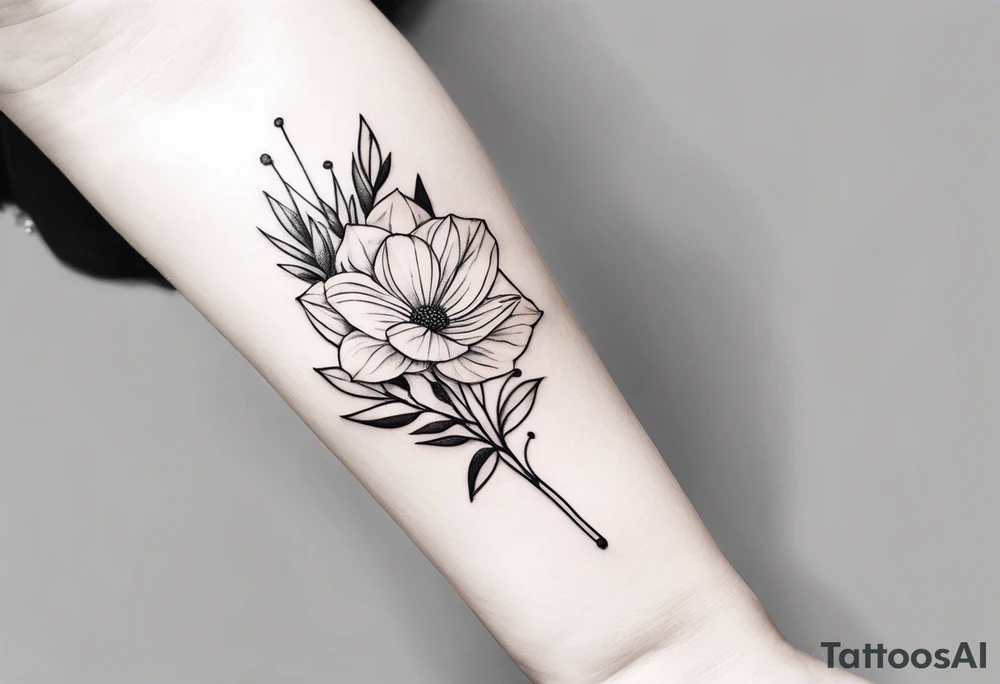 unique small feminine minimalist tattoo of a stick with leafs and flower on wrist tattoo idea