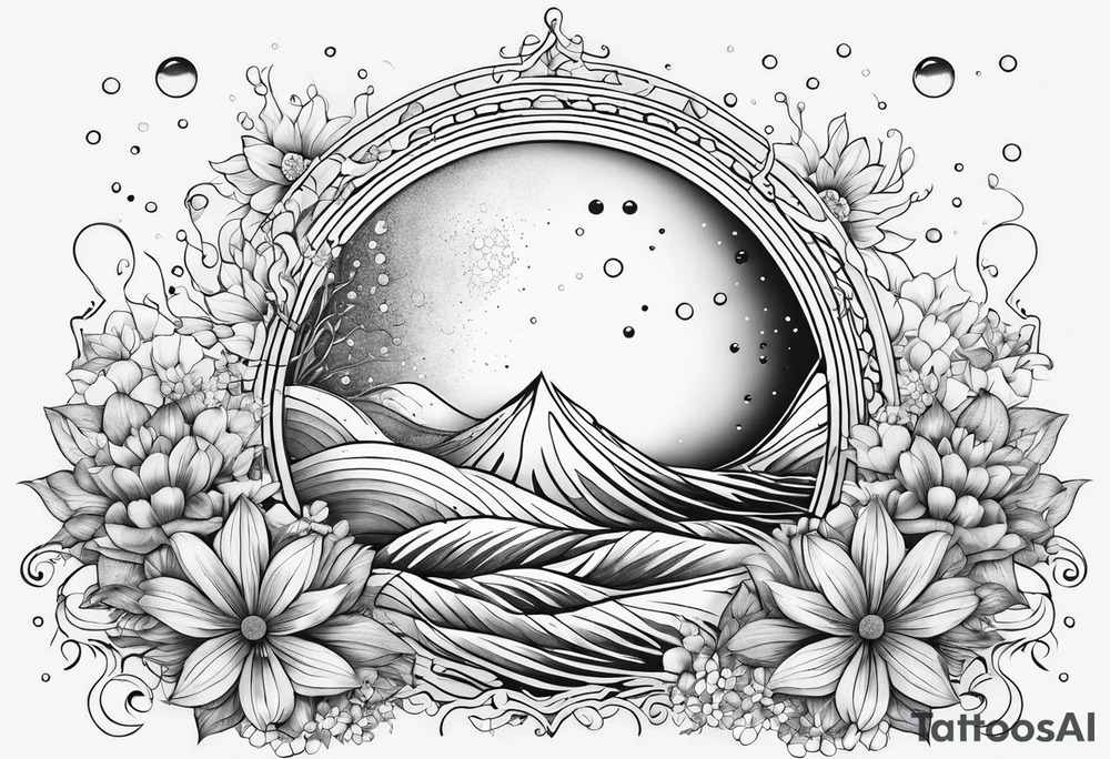 Water element, with half a sun, some flowers and water dots , long shape tattoo idea