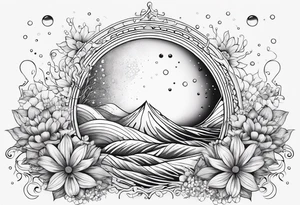 Water element, with half a sun, some flowers and water dots , long shape tattoo idea