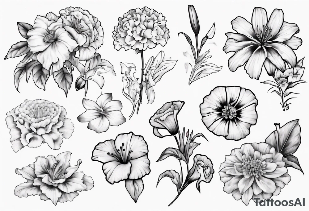 Bicep size tattoo including marigolds, lilies, morning glories, asters, violets, and carnations tattoo idea