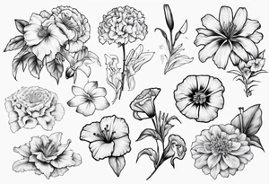 Bicep size tattoo including marigolds, lilies, morning glories, asters, violets, and carnations tattoo idea