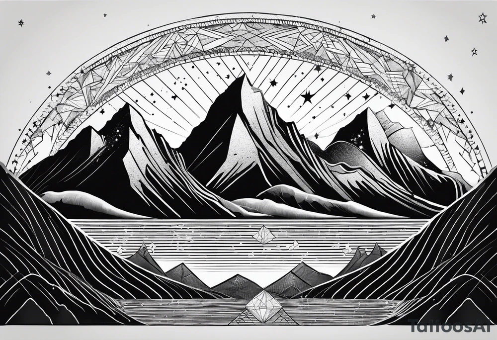 Mountain Massif, one Peak, only peak surrounded woth semi circle dashed Line, in semi circle two littel fine Stars, waves overlapping in Side, Open geometrical Forms Like Diamond with Open lines tattoo idea
