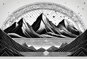 Mountain Massif, one Peak, only peak surrounded woth semi circle dashed Line, in semi circle two littel fine Stars, waves overlapping in Side, Open geometrical Forms Like Diamond with Open lines tattoo idea