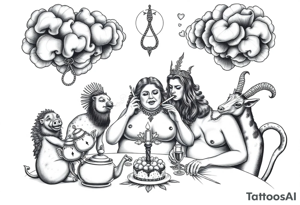 Storm clouds gothic naked fat lady having a tea party with tea pots and 
with a pig, peacock, noose, lion, goat, smoking cigerettes looking in the mirror having sex with a man eating a cake thru storm clouds with knife and broken hearts and darkness and wrath, envy , gluttony, greed, sloth, pride kill tattoo idea