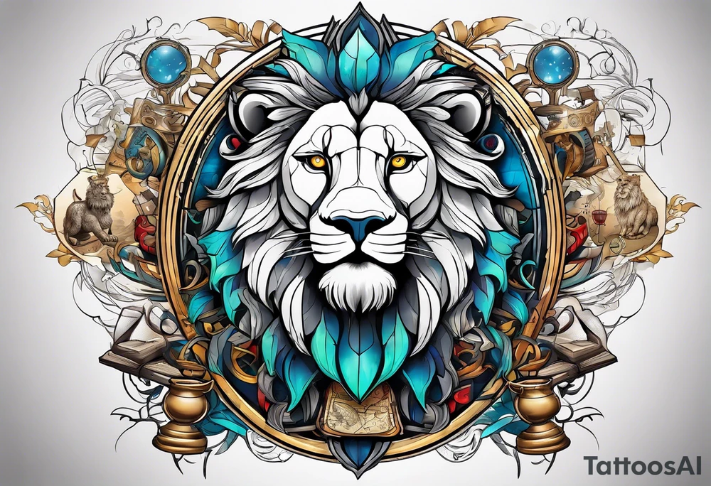 heraldic lion surrounded by scientific formulas tattoo idea