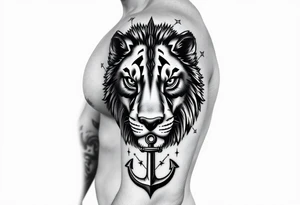 a fragmented depiction of a lions face revealing the eyes and face of both a Wolf and Bear, Compass Gears and an Anchor tattoo idea