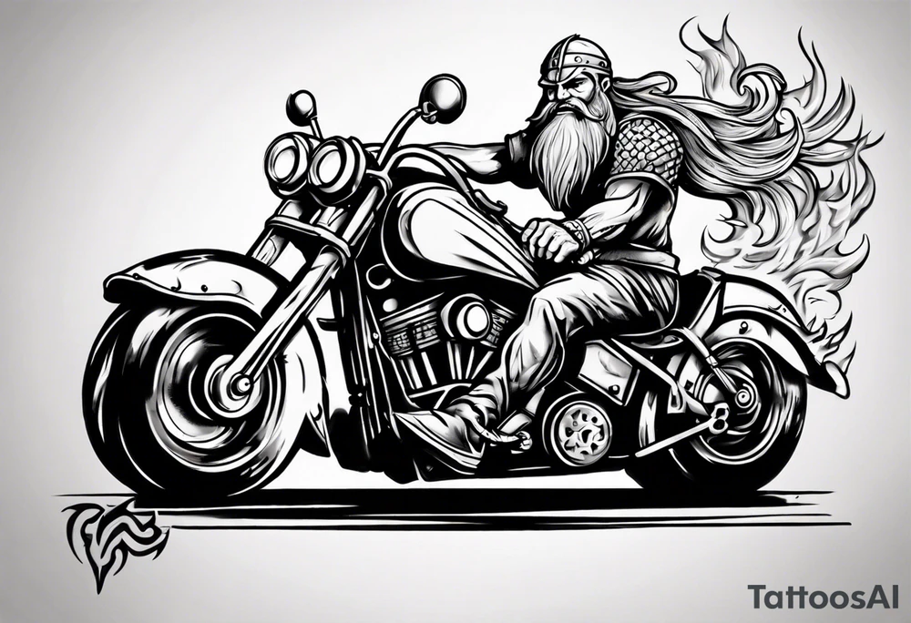 I want a detailed tattoo of a viking with flames driving an old motorcycle and i want the name “Viking Customs” to be in the tattoo tattoo idea