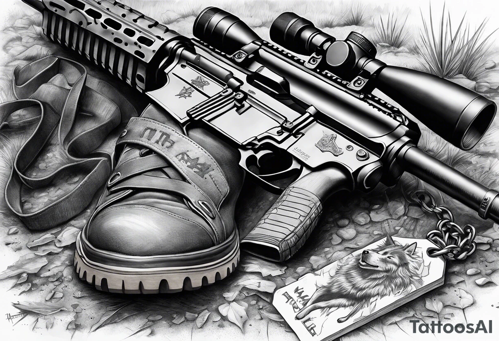 M4 rifle stuck in ground with boots at the base of the rifle and dog tags hanging from the grip tattoo idea