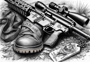 M4 rifle stuck in ground with boots at the base of the rifle and dog tags hanging from the grip tattoo idea