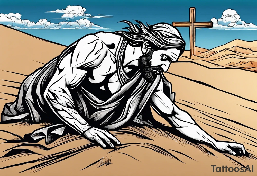 man crawling in a desert reaching to the cross of Christ tattoo idea