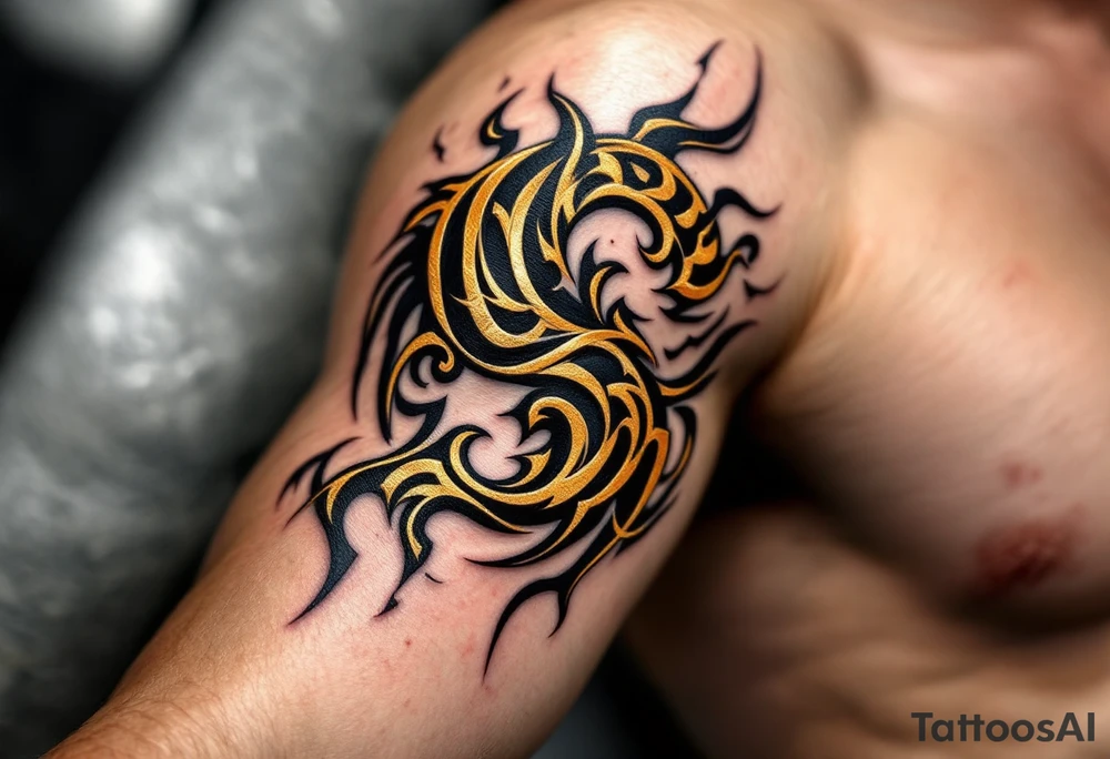 A black and gold "S" designed like an ancient monogram with regal details. tattoo idea