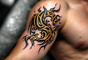 A black and gold "S" designed like an ancient monogram with regal details. tattoo idea