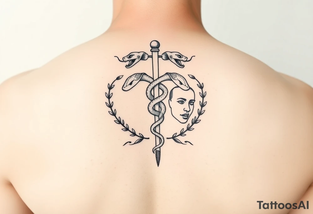 “Minimalist line art tattoo. Hermes caduceus with two snakes, mouths open. Ancient Greek theatre masks of comedy and tragedy beside it. Surround with subtle Greek symbols – olive branches, geometric meander lines, or Ionic column fragments. All elements connected by clean flowing lines into one compact, balanced composition.”


--- tattoo idea