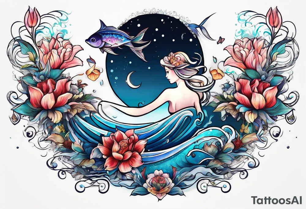 sea,, night, flower, tattoo idea