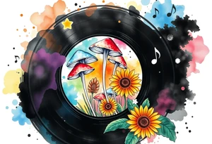 one vinyl record with mushrooms, sunflowers, and music notes tattoo idea