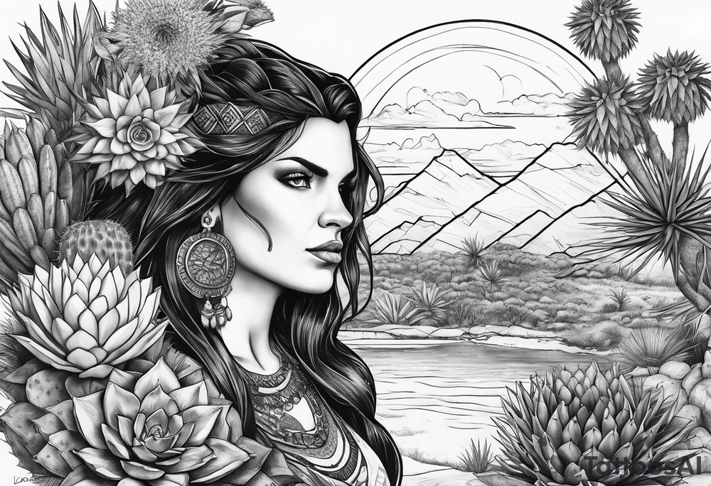 Lobo ,  cactos e árvore da vida por do sol tattoo idea
