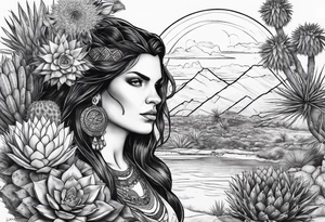 Lobo ,  cactos e árvore da vida por do sol tattoo idea
