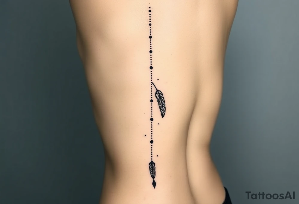 Thin spinal tattoo following down the spine in a native style with flowing lines made of a discreet connection of morse code ".--- .- --.     .-.. ... -.- .- .-.   -.. .. --.     .-.. .. .-.. .-.. . -... .-. --- .-. connected to flowing feathers tattoo idea