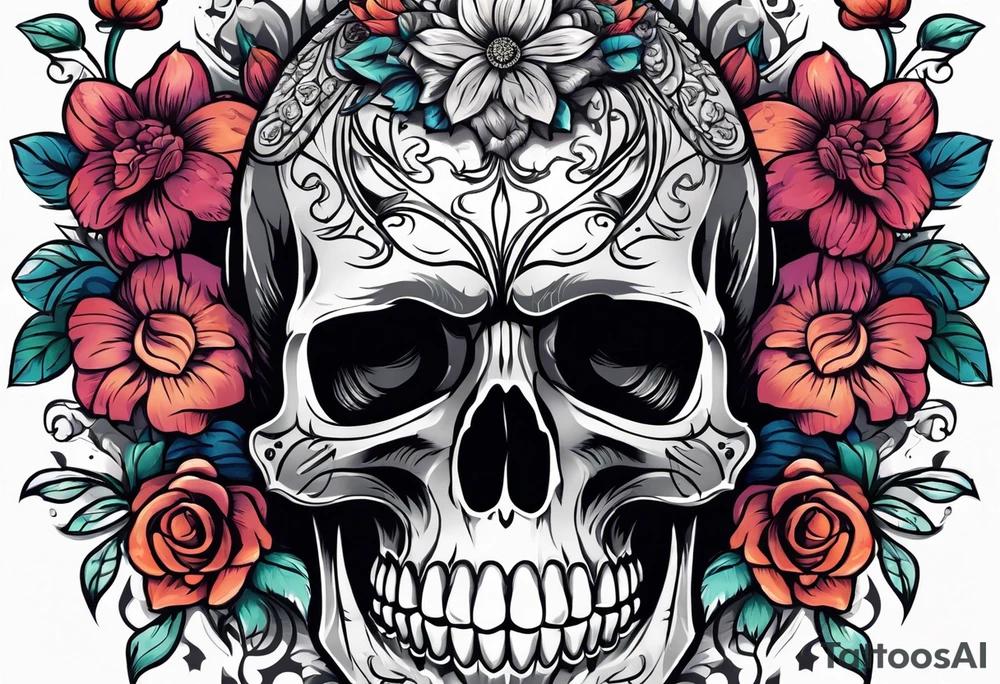 skull with flowers growing on it tattoo idea