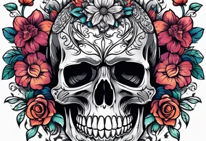 skull with flowers growing on it tattoo idea