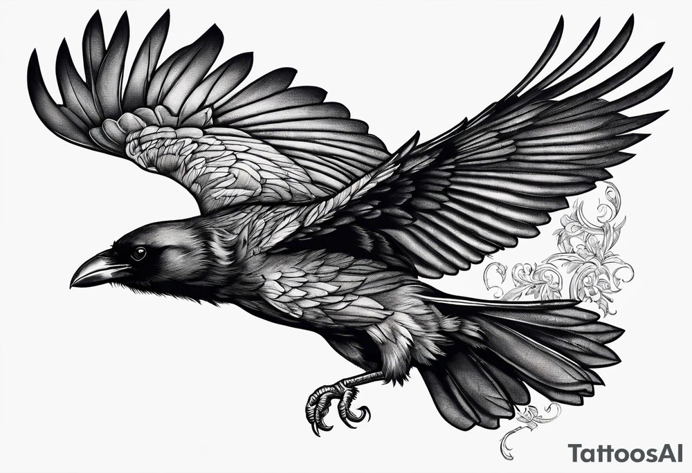 Crow in flight with small crows around tattoo idea