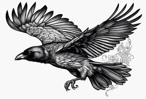 Crow in flight with small crows around tattoo idea