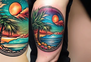 In a circle around the arm, a Gradual transition from Pacific Northwest mountains to Joshua trees to palm trees to a Hawaii beach tattoo idea