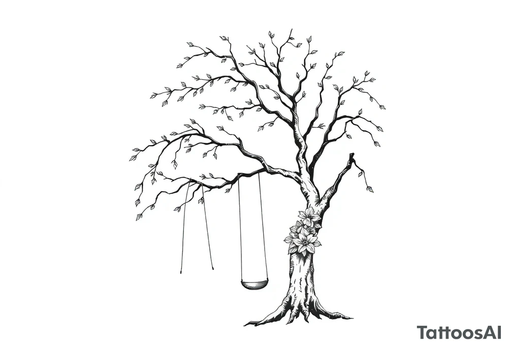 Willow tree with 7 branches with a swing hanging from one with florals tattoo idea