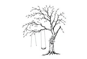 Willow tree with 7 branches with a swing hanging from one with florals tattoo idea