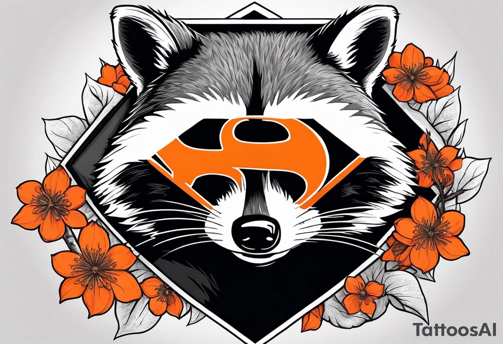 Raccoon wearing a white Superman logo on a black hoodie and orange Japanese cherry blossoms tattoo idea