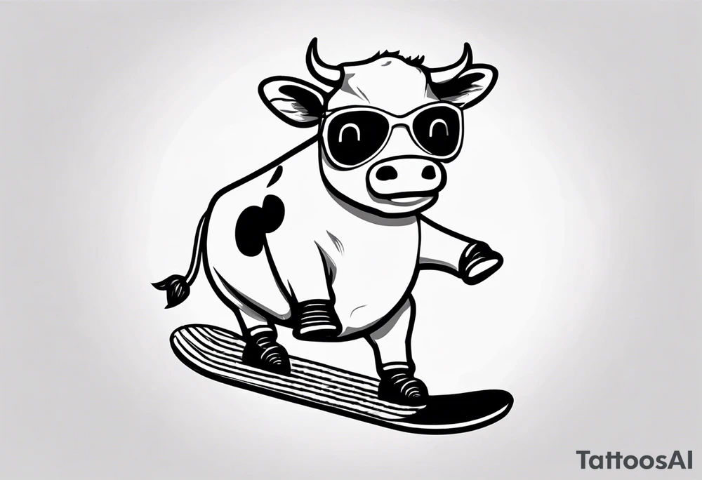 cow snowboarding wearing goggles, very simple linework tattoo idea