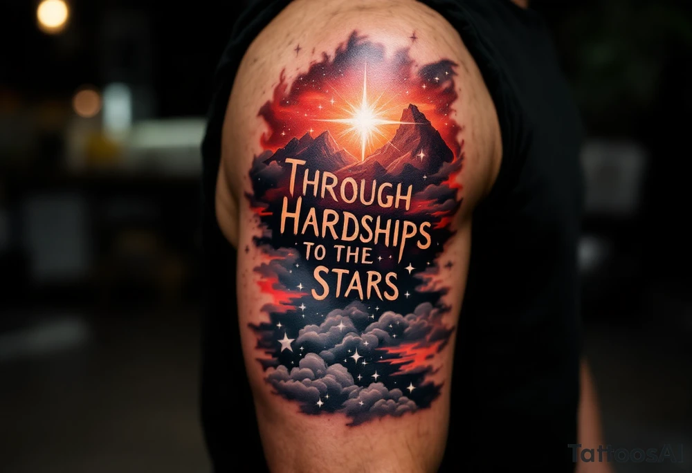 Inked in a burning gradient from red to orange, the quote “Through Hardships To the Stars” rises over storm clouds into twinkling silver stars. tattoo idea