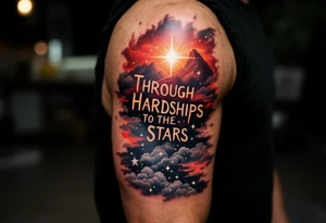 Inked in a burning gradient from red to orange, the quote “Through Hardships To the Stars” rises over storm clouds into twinkling silver stars. tattoo idea