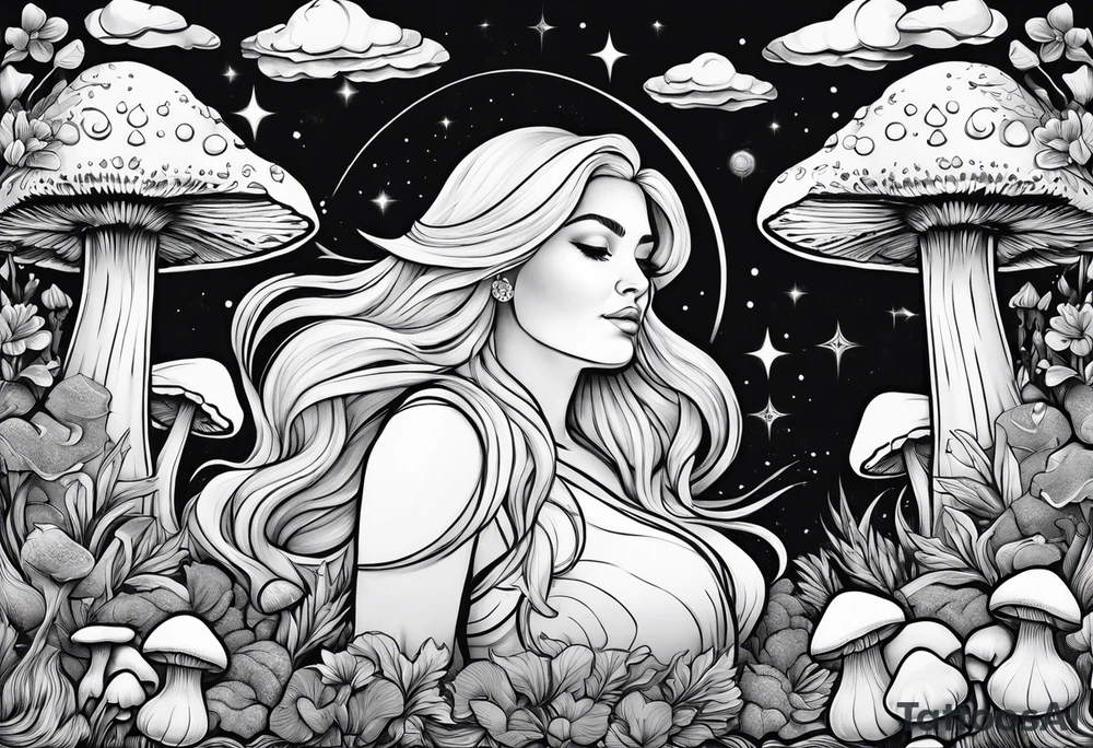 Chubby old blonde woman surrounded by mushrooms crescent moon mountains background tattoo idea