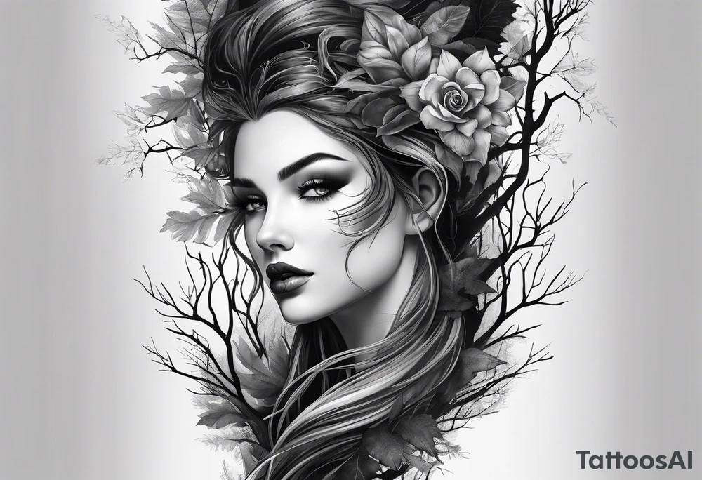 realistic black and gray forest tattoo idea