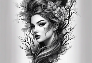 realistic black and gray forest tattoo idea