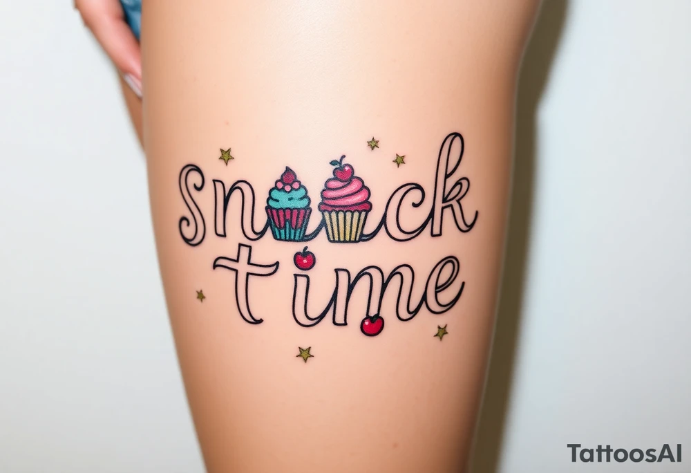 Pretty letters with lots of swooshes saying snack time with cupcakes, cherries and stars tattoo idea