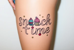 Pretty letters with lots of swooshes saying snack time with cupcakes, cherries and stars tattoo idea