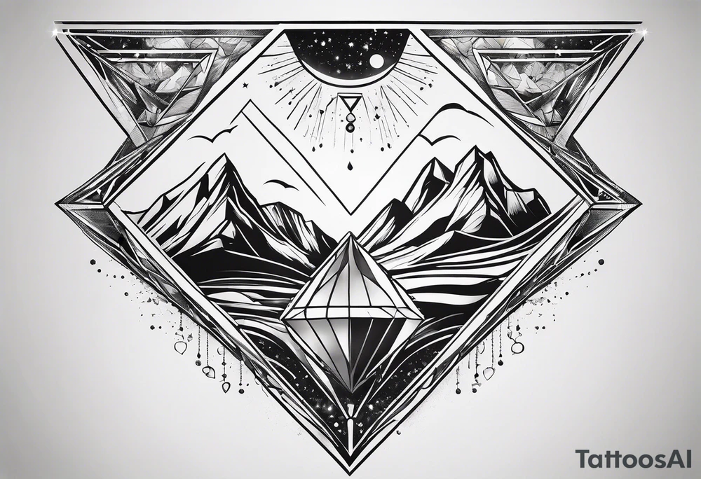 thick line art of space and nature in diamond shape tattoo idea