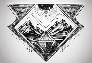 thick line art of space and nature in diamond shape tattoo idea