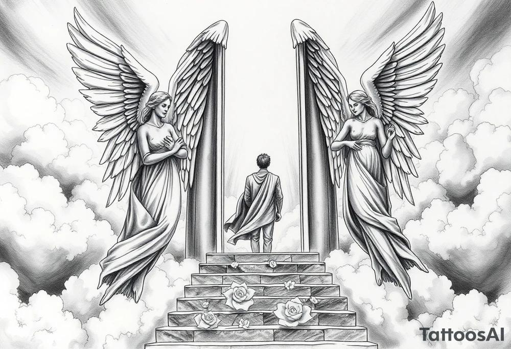Too strong maleangels holding open the gates of heaven with the male figure walking up the steps.Saying fly high baby boy Realistic angels With clouds in the background and I won't text that I fly hi.Gh baby boy chess fully covered And a woman angel have body over thit on it tattoo idea