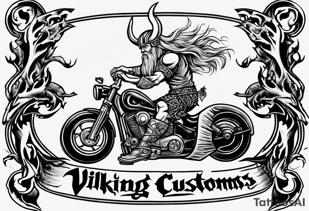 I want a detailed tattoo of a viking and a girl working on a motorcycle surrounded by flames with the company name “Viking Customs” incorporated in the design tattoo idea