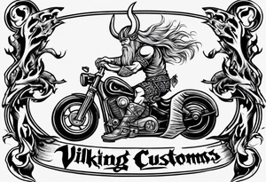 I want a detailed tattoo of a viking and a girl working on a motorcycle surrounded by flames with the company name “Viking Customs” incorporated in the design tattoo idea
