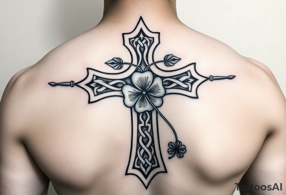 a celtic cross with irish inspired details and a four leaf clover adding other celtic elements surrounding the cross tattoo idea