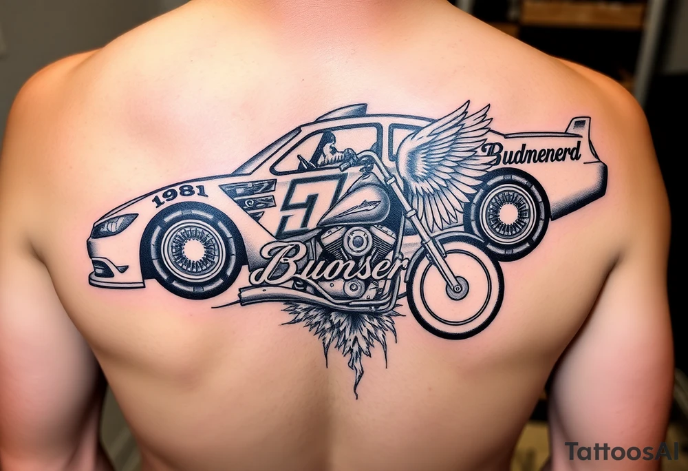 Dale Earnhardt car on it with the year 1958 - 2021 intertwined with a motorcycle with a Budweiser logo on it with a guardian angel wolf tattoo idea