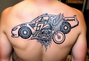 Dale Earnhardt car on it with the year 1958 - 2021 intertwined with a motorcycle with a Budweiser logo on it with a guardian angel wolf tattoo idea