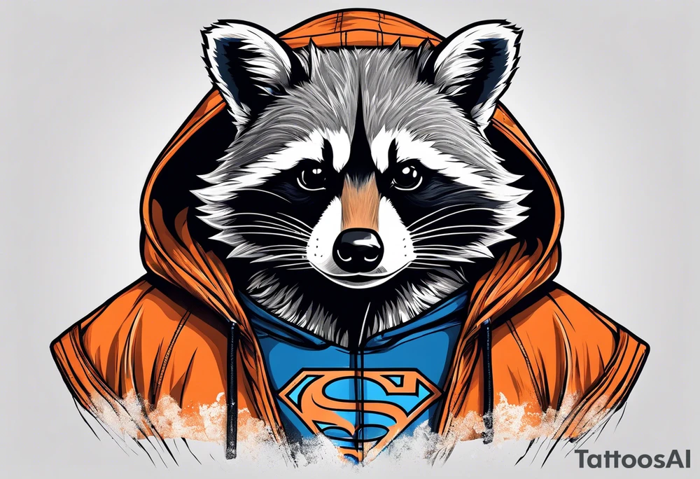 Raccoon wearing an orange Superman hoodie tattoo idea