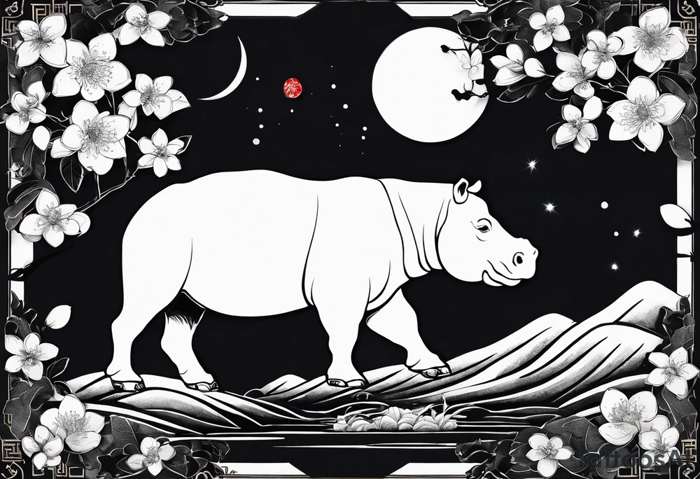 Asymmetrical, geometric, chinese ink art touch, hippo , full moon, wintersweet flower, light , modify from my favourite, s-shape tattoo idea